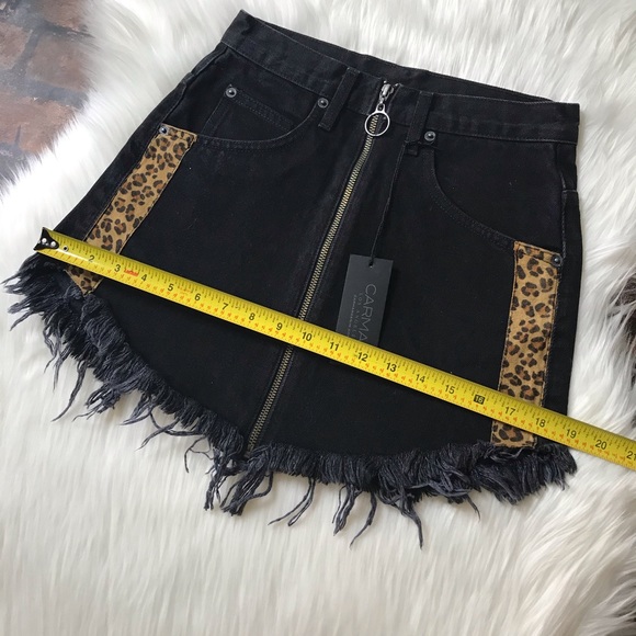 Carmar Los Angeles Beatrice Leopard Denim Mini Skirt Size 25 Fringe Hem Zipper - Picture 3 of 7